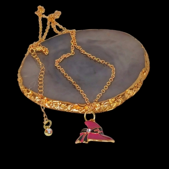Magenta Witch Hat Gold Pendant Necklace Whimsigoth Wicked Glinda Glam Luxe Bling - Picture 10 of 11